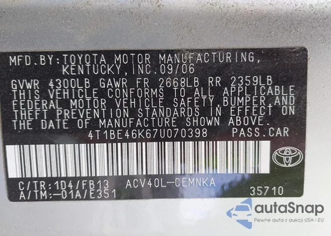 2007 Toyota Camry Ce/Le/Xle/Se z USA, uszkodzony, nr VIN 4T1BE46K67U070398